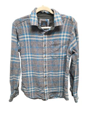 Prana Woodman Flannel Shirt Mens Medium Gray Plaid Button Up Organic Cotton Sz.S